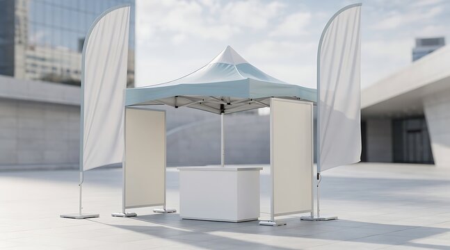 Outdoor promotional tent with blank flags and modern architecture background.