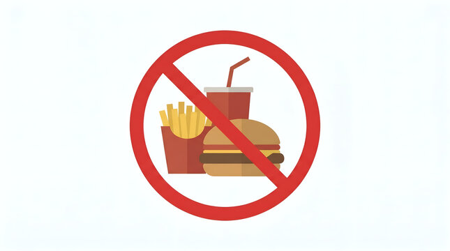 Red prohibition sign crossing out fast food burger and french fries