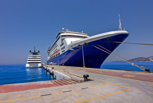 Two large cruise ships moored at Ege Port in Kusadasi, Aydin, Turkey.