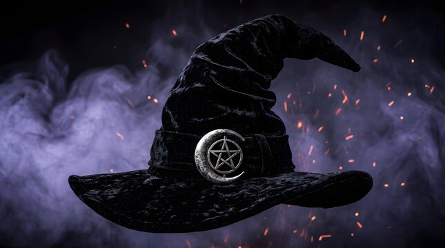 Black velvet witch hat with silver pentagram moon buckle floating in purple smoke.