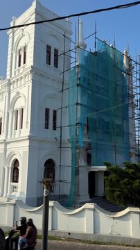 Exterior view of white historic Meera Mosque in Galle Fort Sri Lanka