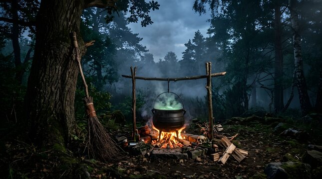 Cast iron cauldron bubbling with green magic potion over open campfire.