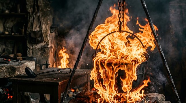 Cast iron cauldron engulfed in flames hanging over stone hearth in rustic kitchen.