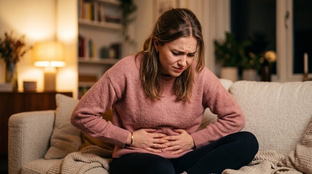 Young woman suffering from intense stomach ache while sitting on cozy couch wearing pink knitted sweater in warm home interior