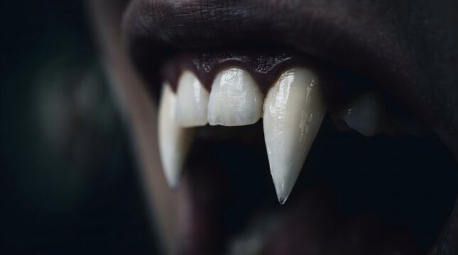 Extreme close up of vampire fangs with dark skin tone for horror theme photography.
