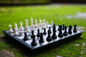 Black and white chess piece on chessboard outdoors, creating strategic competition and thoughtful play in green mossy setting © CoreRock
