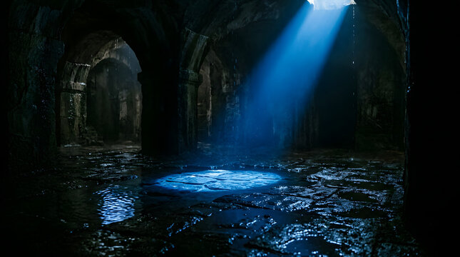 Light beam hitting stone floor in dark ancient ruins.