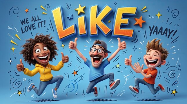Thumbs Up Like: A vibrant illustration of three diverse people jumping with joy, all giving a thumbs up gesture under the bold LIKE text, signifying approval and enthusiasm.