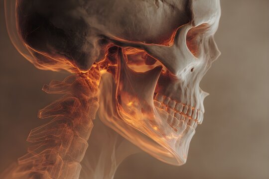 Detailed skull and neck bones lateral view with warm internal glow