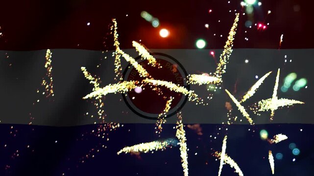 Bright golden fireworks exploding over the official national flag of paraguay during a celebration event