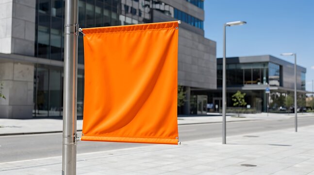 Blank Orange Banner Hanging on Pole Outside Modern Office Building.