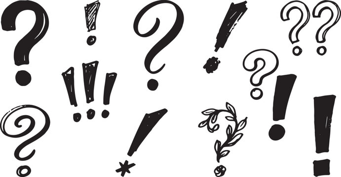 Black question marks, exclamation points, and symbols on white background punctuation