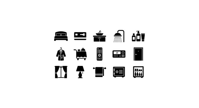 Hotel Icons Set: Hospitality, Accommodation, Travel, Service, Amenities, Room Elements