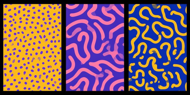 Set of abstract seamless patterns with vibrant colorful shapes and dots. Useful for trendy fashion textile prints and modern graphic designs.