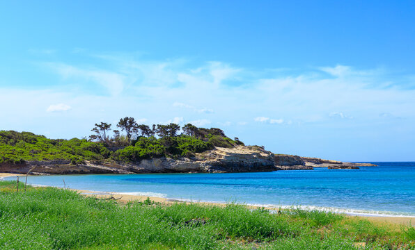 A panoramic view of a tropical island shoreline with verdant hills, sandy beach, and crystal-clear turquoise waters on a bright sunny day