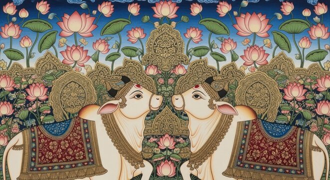 Intricate Indian Miniature Painting of Elephants and Lotuses.