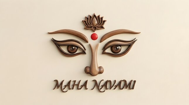 Maha navami greeting with 3d wooden carved eyes of goddess durga and a lotus symbol isolated on white background