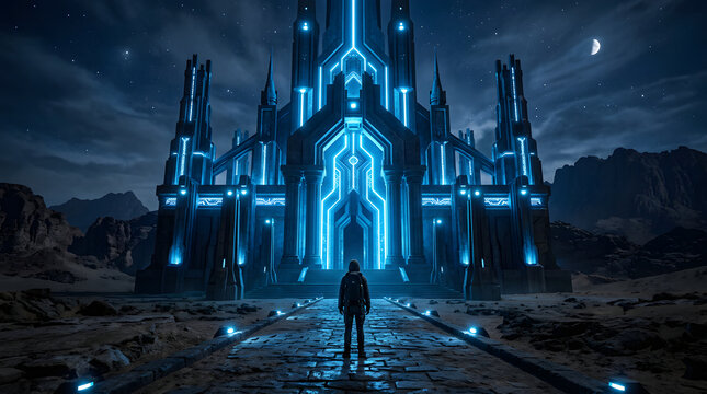 Futuristic blue glowing gothic castle at night with person silhouette