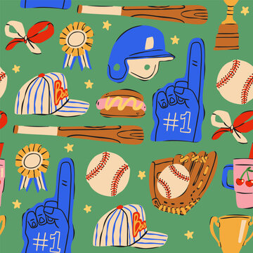 Baseball elements. Various items, equipment: glove, ball, helmet, uniform cap, bat, trophy, drink, hot dog. Hand drawn trendy Vector illustration. Square seamless Pattern, wallpaper