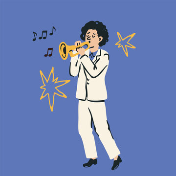 Person dressed in white suit. Musician playing on Trumpet. Hand drawn trendy Vector illustration. Isolated design element. Concert, music school, jazz fest, band, orchestra concept