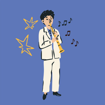 Person dressed in white suit. Musician playing on Flute. Hand drawn trendy Vector illustration. Isolated design element. Concert, music school, jazz fest, band, orchestra concept