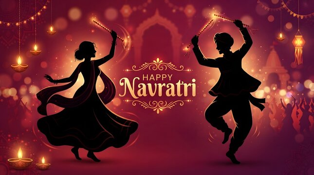 Happy navratri festive greeting card with silhouettes of a man and woman performing garba dance with dandiya sticks against a traditional background