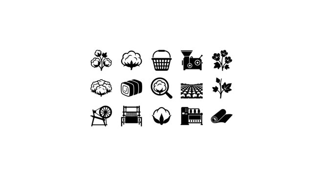 Cotton Industry Icons: Farming, Harvesting, Processing, Textile Production, Vector Set