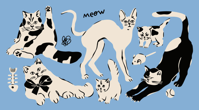 Cats, kittens in different poses, fish bone, mouse, ball. Cute funny characters. Various breed. Lying, sitting, stretching domestic animals. Hand drawn trendy Vector illustration. Isolated elements