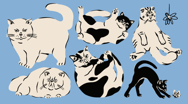 Cats, kitten in different positions. Cute funny characters. Various breeds. Lying, sitting, playful domestic animals. Hand drawn trendy Vector illustration. Isolated design elements