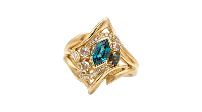 Vintage gold ring with blue topaz and diamonds, elegant 14k yellow gold jewelry, luxury gemstone cocktail ring for women