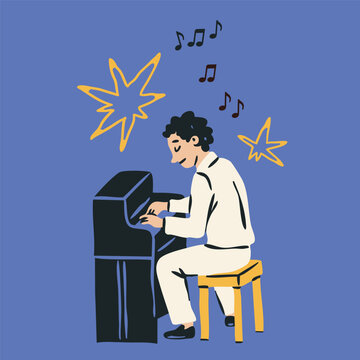 Pianist dressed in white suit. Musician playing on Piano. Hand drawn trendy Vector illustration. Isolated design element. Concert, music school, jazz fest, band, orchestra concept