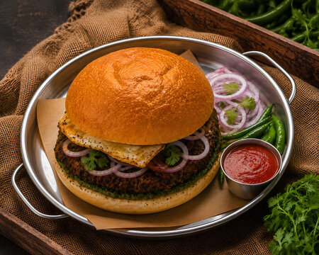 Spicy Egg Burger with Onion, Green Chili and Tomato Sauce
