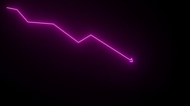 Glowing red neon downward graph with arrow indicating abstract background, perfect for conveying risk, crisis animation. 4k