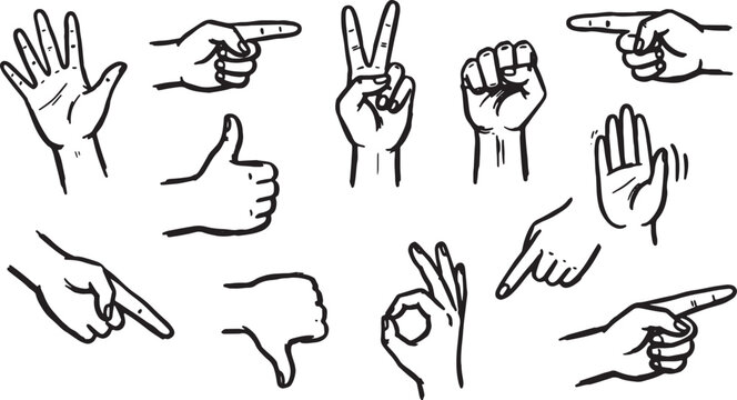 Hand-drawn black and white line of various hand gestures hands fingers palm