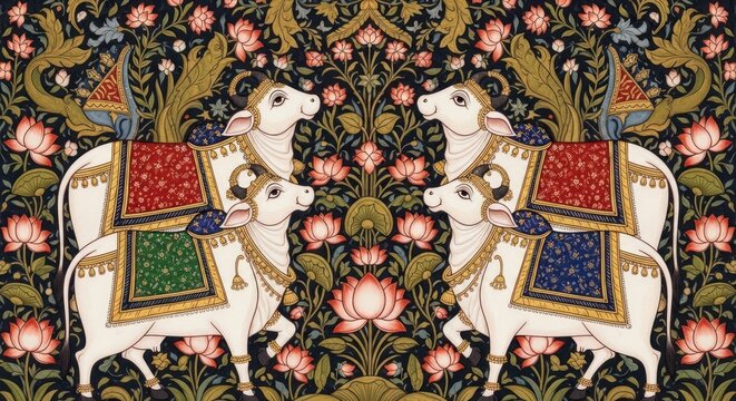 Intricate Indian Miniature Painting of Four Decorated Cows Amidst Floral Motifs.