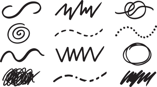 Hand-drawn black and white line symbols, swirls, and shapes doodle