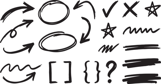 Hand-drawn symbols and including arrows, circles, stars, and question marks