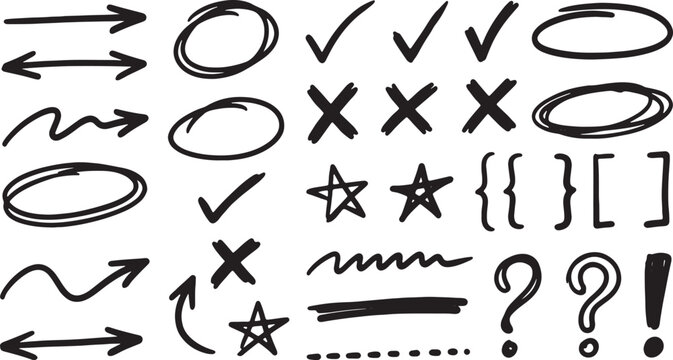 Hand-drawn symbols, arrows, stars, and question marks in black ink