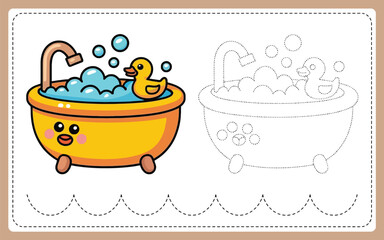 Naklejka premium Preschool tracing activity worksheet featuring cute bathtub with bubbles and rubber duck kids activity preschool education dotted lines learning game children exercise cute bathroom practice
