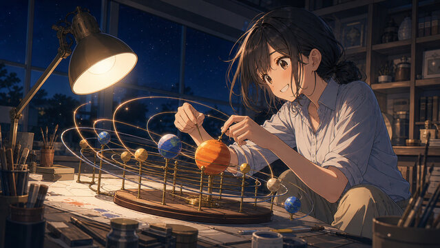 Anime illustration of a happy young woman assembling a glowing brass orrery solar system model at her desk in a workshop at night，夜の工房で輝く真鍮の太陽系儀を組み立てる笑顔の女性 天文とものづくりのアニメイラスト