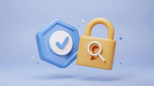 Golden padlock with magnifying glass next to blue verified checkmark icon
