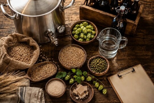 Home brewing ingredients and equipment arranged on a rustic wooden table