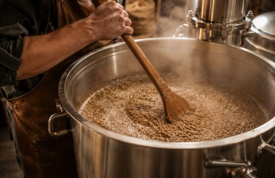 Brewer stirring mash in large stainless steel kettle during craft beer production