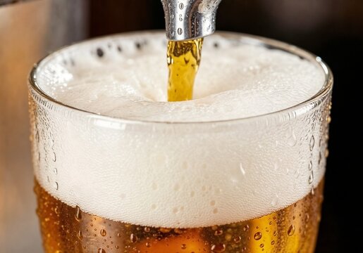 Pouring golden beer into a glass with frothy head and condensation