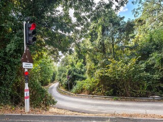 A red traffic light with a French road sign stands beside a narrow, winding asphalt road passing through a dense green forest on a bright sunny day in the countryside, France. © MadameSayCheese