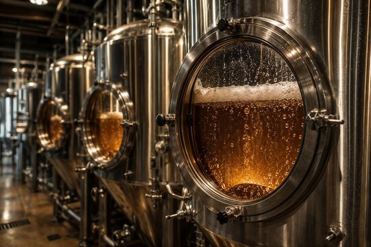Brewery fermentation tanks with amber liquid and bubbles visible through glass