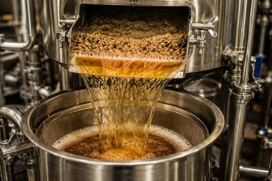 Brewing process in a modern brewery with stainless steel equipment