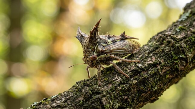 Treehopper Insect with Leaf-Like Camouflage on Tree Branch Macro