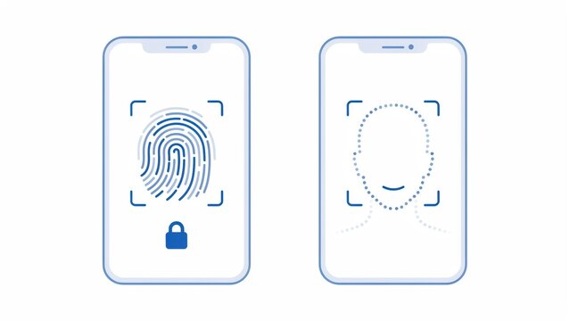 Smartphone screens displaying blue biometric fingerprint and facial recognition security icons
