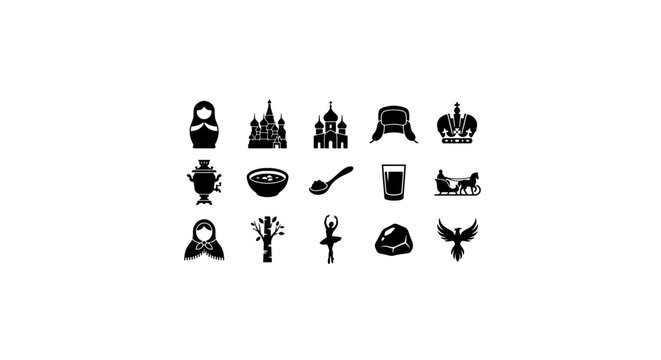 Russian Culture Icons Set, Matryoshka Doll, Kremlin, Samovar, Ushanka Hat, Symbols